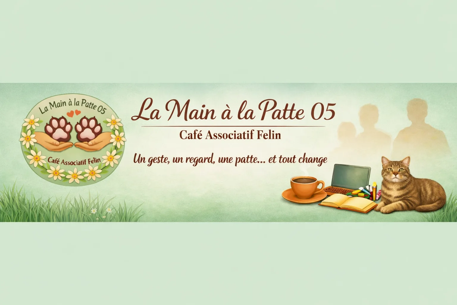 Illustration de l'association : une tasse de café, un ordinateur portable, un carnet et un chat tigré, dans une ambiance verte et chaleureuse